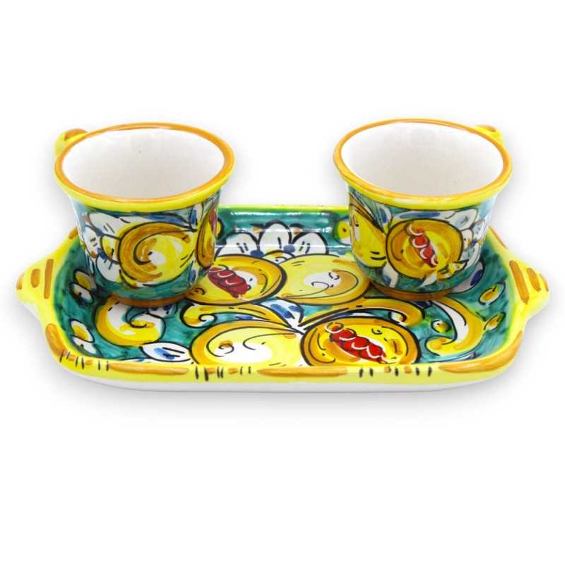Serviço de café Tet a Tet, duas chávenas e tabuleiro em cerâmica Caltagirone, decoração barroca verde limão e romã - 