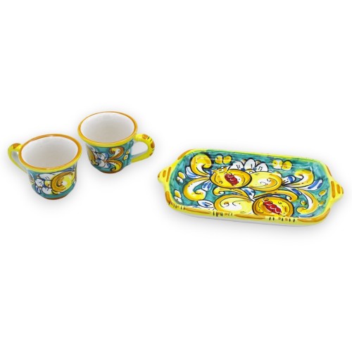 Tet a Tet servizio da caffè, due tazzine e vassoio in ceramica Caltagirone, verde decoro barocco limoni e melograni -  2