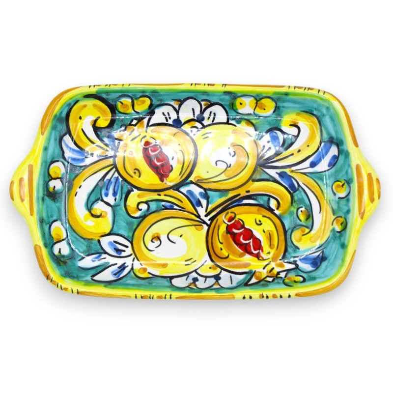 Service à café Tet a Tet, deux tasses et plateau en céramique de Caltagirone, décor baroque vert citron et grenade - 