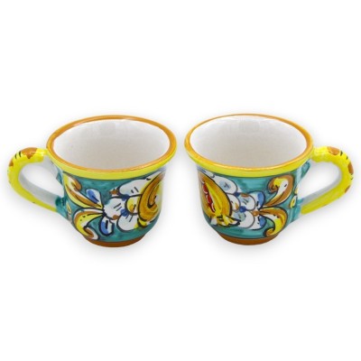Service à café Tet a Tet, deux tasses et plateau en céramique de Caltagirone, décor baroque vert citron et grenade - 