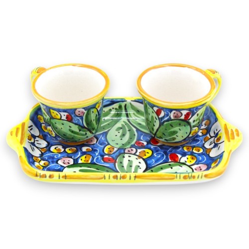 Tet a Tet servizio da caffè, due tazzine e vassoio in ceramica Caltagirone, blu e decoro pale di ficodindia - 