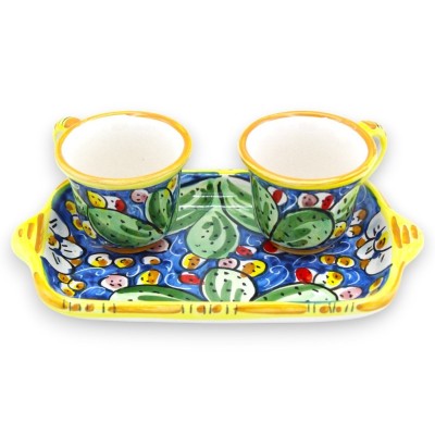 Tet a Tet koffieservies, twee kopjes en dienblad in Caltagirone-keramiek, decoratie van blauw en cactusvijgblad - 