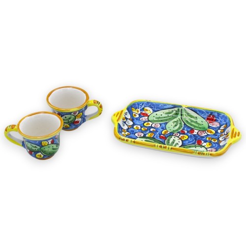 Tet a Tet-Kaffeeservice, zwei Tassen und Tablett aus Caltagirone-Keramik, Dekor in Blau und Feigenkaktus -  2