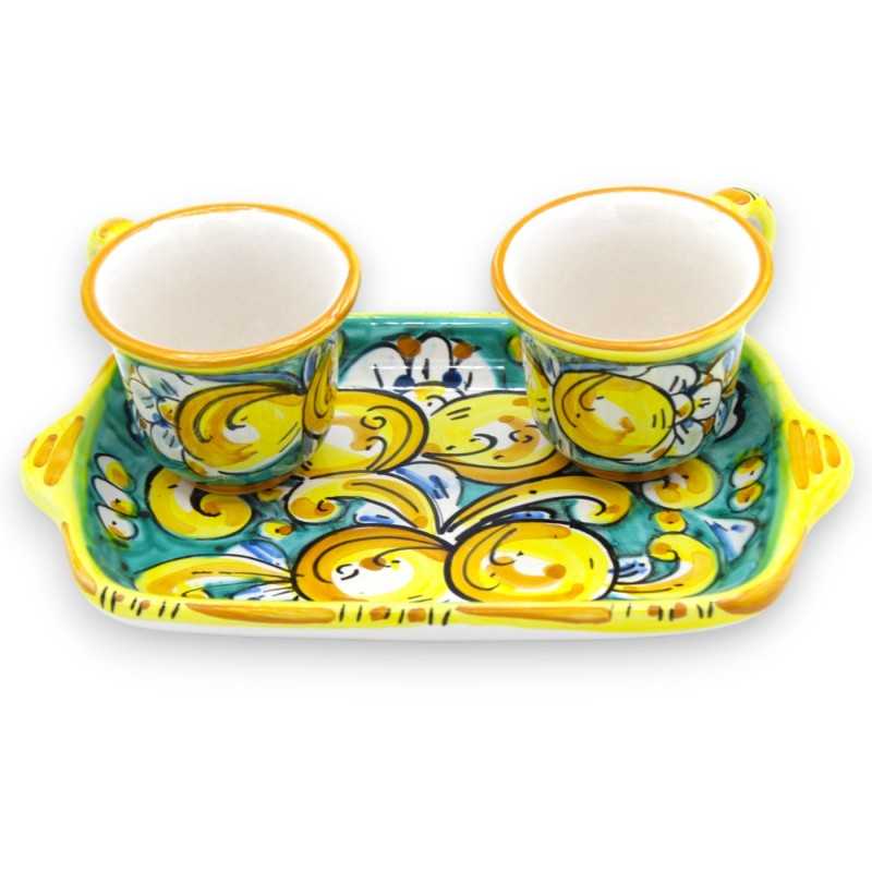 Tet a Tet servizio da caffè, due tazzine e vassoio in ceramica Caltagirone, verde decoro barocco e limoni - 