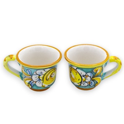 Serviço de café Tet a Tet, duas chávenas e tabuleiro em cerâmica Caltagirone, decoração barroca verde e limões - 