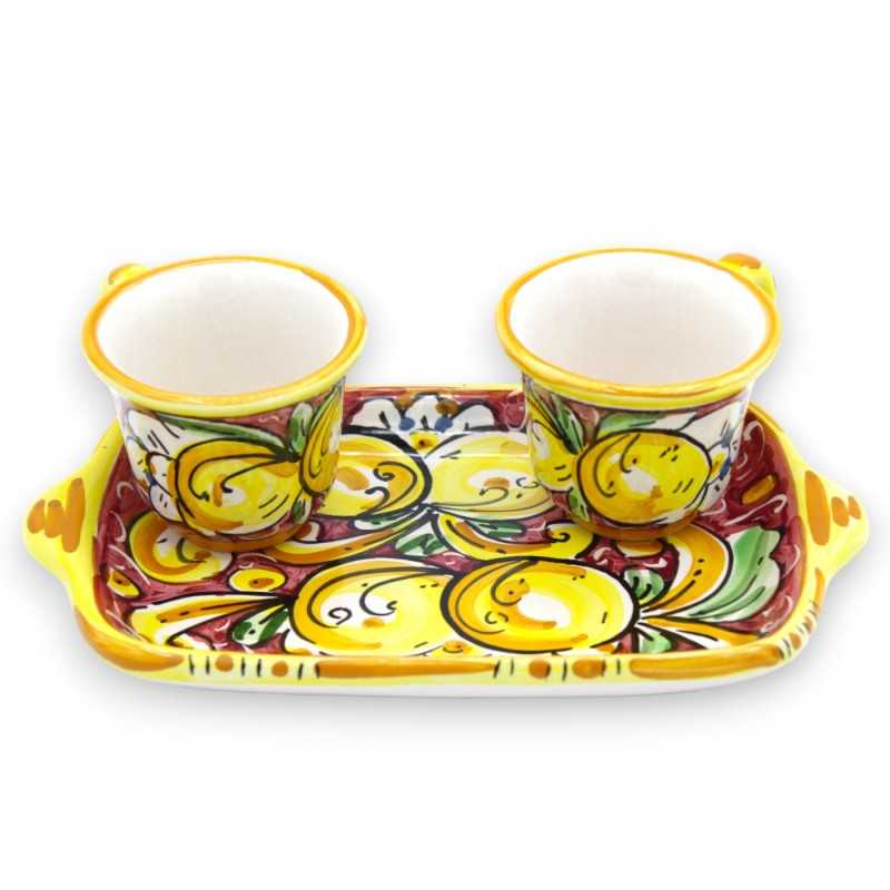 Serviço de café Tet a Tet, duas chávenas e tabuleiro em cerâmica Caltagirone, decoração barroca bordeaux e limões - 