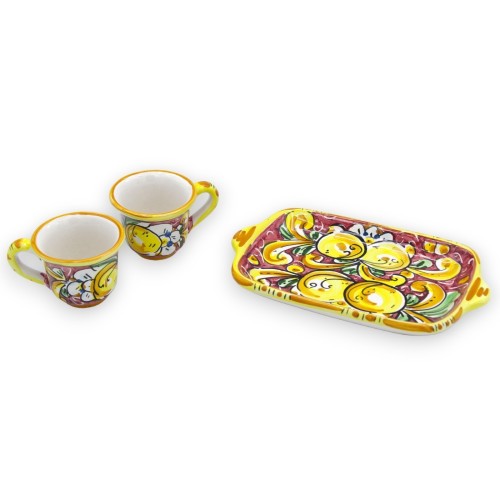 Tet a Tet koffieservies, twee kopjes en dienblad in Caltagirone keramiek, bordeaux barokke decoratie en citroenen -  2