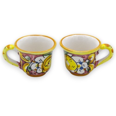 Tet a Tet servizio da caffè, due tazzine e vassoio in ceramica Caltagirone, bordeaux decoro barocco e limoni - 
