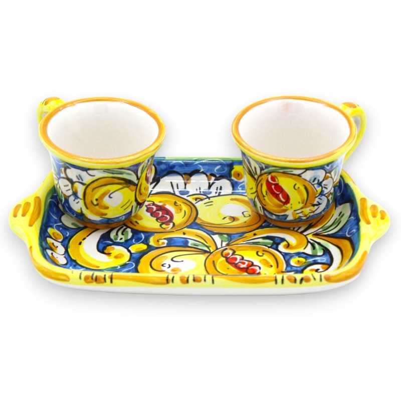 Serviço de café Tet a Tet, duas chávenas e tabuleiro em cerâmica Caltagirone, decoração barroca azul limão e romã - 