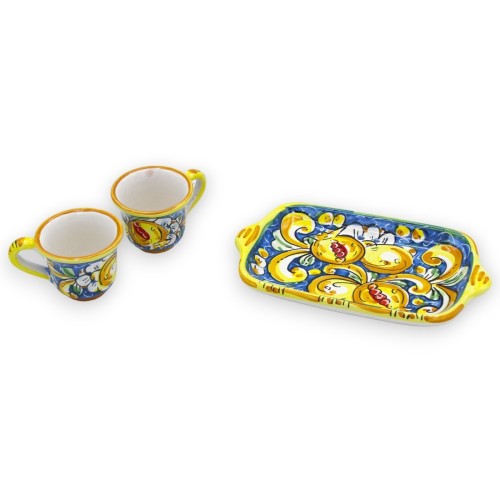Tet a Tet servizio da caffè, due tazzine e vassoio in ceramica Caltagirone, blu decoro barocco limoni e melograni -  2