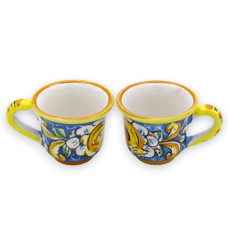 Tet a Tet Kaffeeservice, zwei Tassen und Tablett aus Caltagirone-Keramik, blau mit barockem Zitronen- und Granatapfeldek