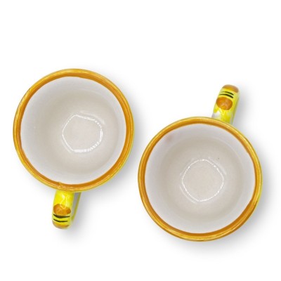 Serwis do kawy Tet a Tet, dwie filiżanki i taca z ceramiki Caltagirone, barokowa dekoracja w kolorze niebieskiej cytryny