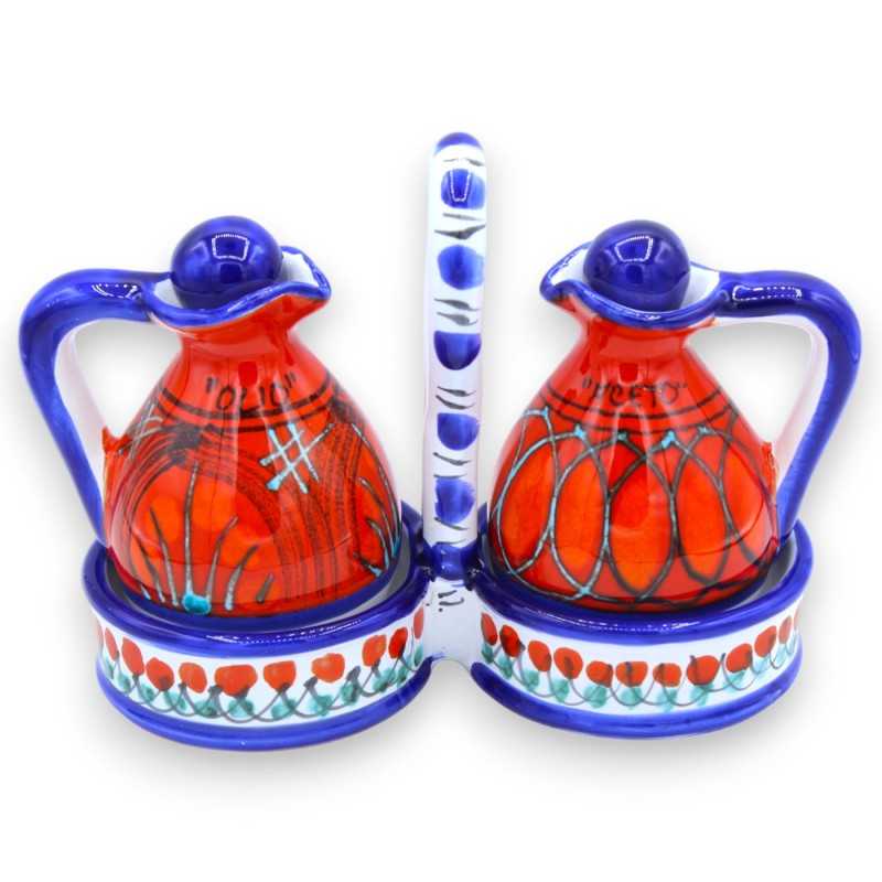 Set Olio e Aceto con cestello in pregiata ceramica siciliana decoro geometrico blu e rosso - 