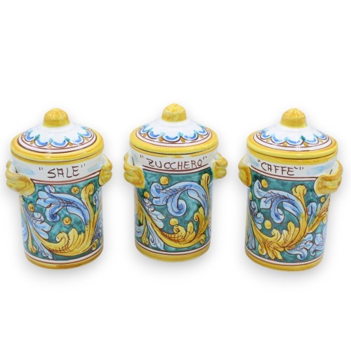 Tris Caltagirone ceramic jars, h 18 cm approx. baroque and floral decoration - 