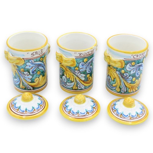Tris Caltagirone keramikburkar, h 18 cm ca. barock- och blomdekoration -  2