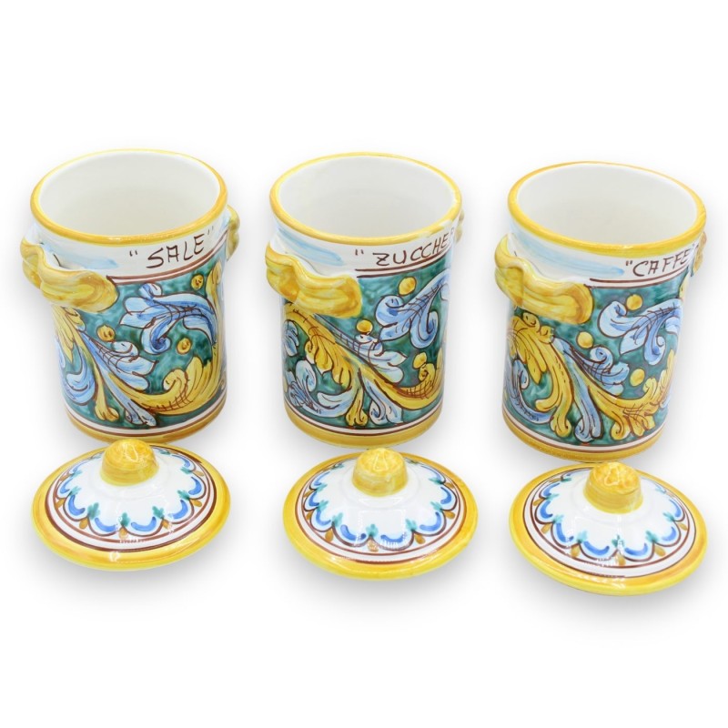 Tris Caltagirone keramikburkar, h 18 cm ca. barock- och blomdekoration - 