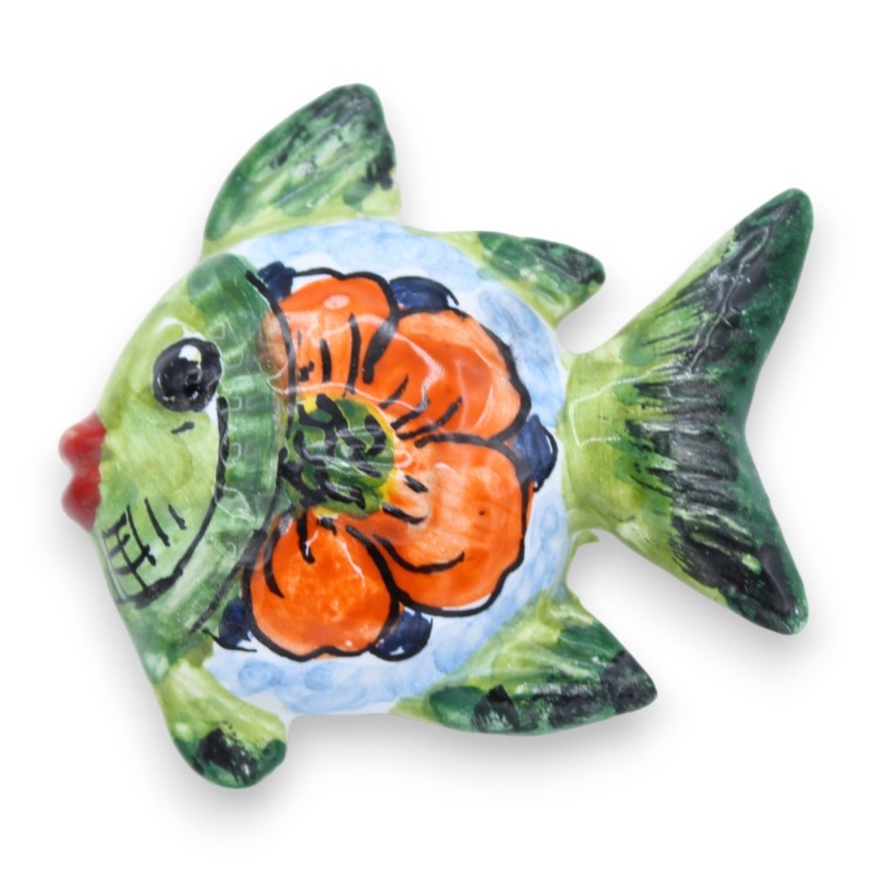 Magnete calamita in ceramica siciliana a forma di Pesce, L 6 cm ca. (1Unità) con decoro floreale - 