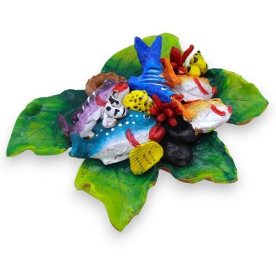 Composition of marine flora and fauna on fig leaf, in fine ceramic L 20 cm x h 17 cm approx. - 
