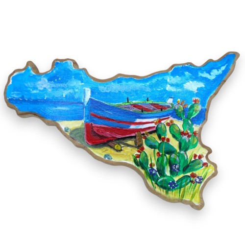 Tábua de corte de madeira em forma de Sicília, lados chanfrados - h 20cm x w 30cm aprox. decoração pintada à mão, praia 