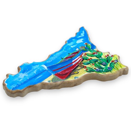 Tábua de corte de madeira em forma de Sicília, lados chanfrados - h 20cm x w 30cm aprox. decoração pintada à mão, praia  2