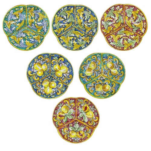 Plat à antipasti à trois compartiments en céramique Caltagirone - L 27 cm env. (1pc) avec trois options de couleurs, déc