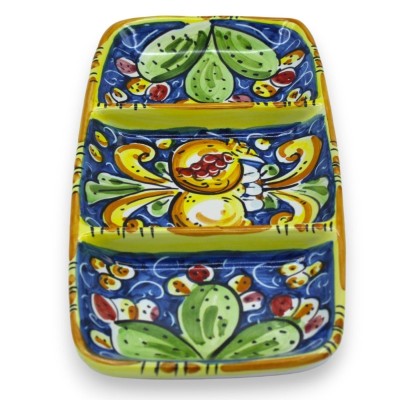 Rectangular appetizer plate with three compartments in Caltagirone ceramic - L 25 cm approx. (1pc) with three color opti