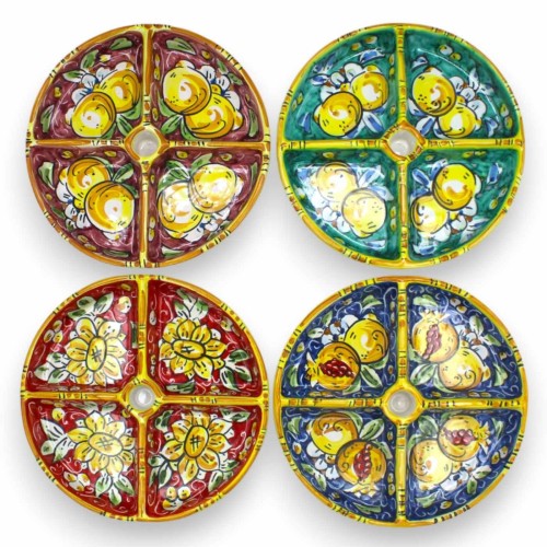Antipastiera rotonda a quattro scomparti in ceramica Caltagirone - Ø 18 cm cm ca. (1pz) con quattro opzioni decoro - 