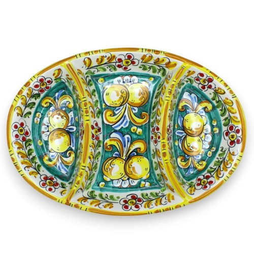 Owalne naczynie na przystawki z 3 przegrodami, ceramika Caltagirone - l 37 x 26 cm ok. Dekoracja z XVII wieku, cytryny i