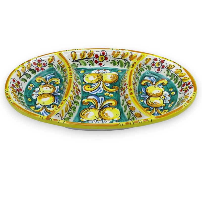 Owalne naczynie na przystawki z 3 przegrodami, ceramika Caltagirone - l 37 x 26 cm ok. Dekoracja z XVII wieku, cytryny i