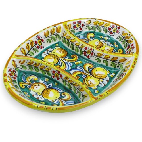 Prato hors d'oeuvre oval com 3 compartimentos, cerâmica Caltagirone - l 37 x 26 cm aprox. decoração setecentista, limões 2