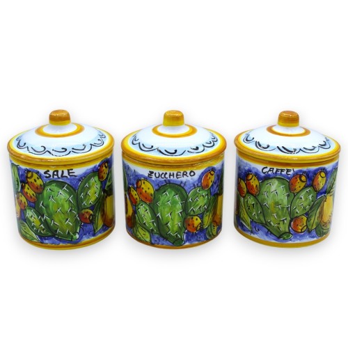 Tris Siciliaanse keramische potten, h 13 cm ca. decoratie van citroen en vijg - 