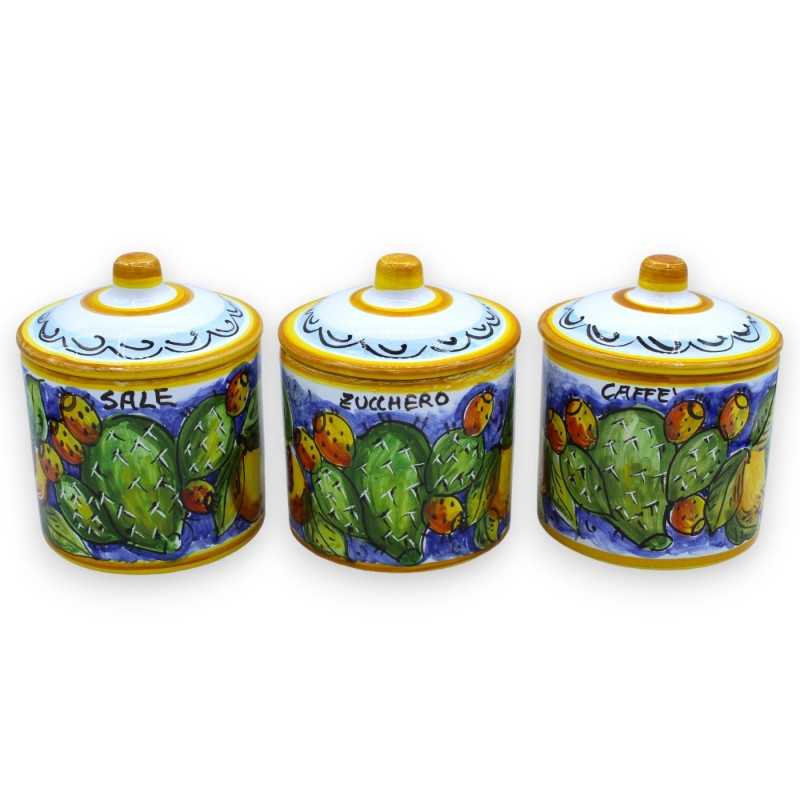 Tris Barattoli in ceramica siciliana, h 13 cm ca. decoro limoni e ficodindia - 
