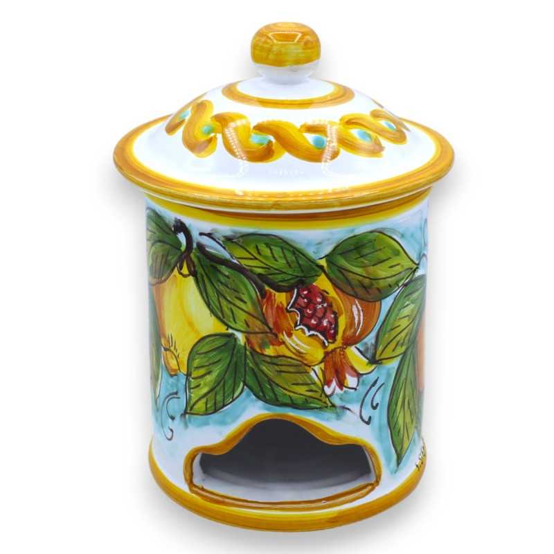 Barattolo porta cialde con coperchio, in ceramica siciliana, h 20 cm ca. decoro limoni e melograni - 