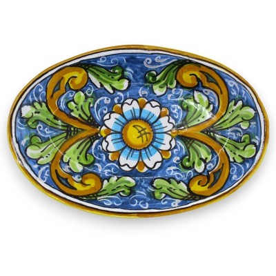 Ovales Caltagirone-Tablett, Servierteller – mit 2 Größenoptionen (1 Stück): blauer Hintergrund, Barock und Blume - 