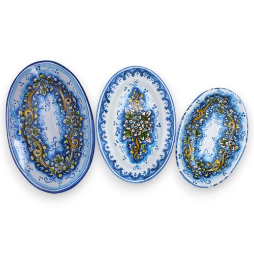 Caltagirone Oval Tray, serving dish - with 3 size options (1 pc) blue and floral background - 