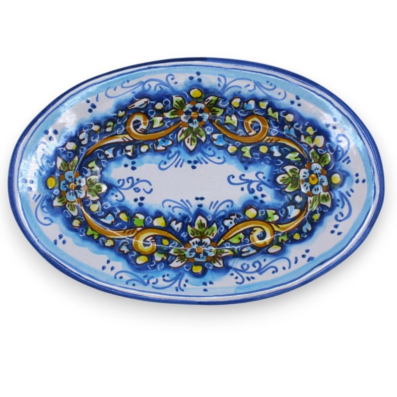 Caltagirone Oval bricka, serveringsfat - med 3 storleksalternativ (1 st) blå och blommig bakgrund - 