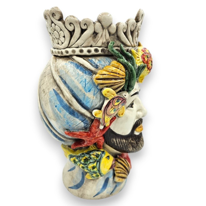 Testa di moro em cerâmica Caltagirone - h 30 cm (1pc) com coroa, aplicações de peixes, corais e estrelas do mar - 