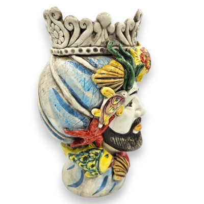 Testa di moro in Ceramica Caltagirone h 30 cm (1pz) con corona, applicazioni di pesci, alghe e stelle - 