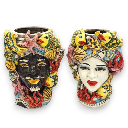 Sicilian dark brown heads (1pc) h approx. 27 cm Caltagirone ceramic, with applications of fish, corals and starfish - 