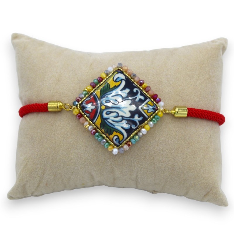 Bracelet with lava stone tile, textile cord, L approx. 25cm multicolored crystals, steel clasp - 