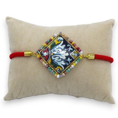 Bracelet with lava stone tile, textile cord, L approx. 25cm multicolored crystals, steel clasp - 