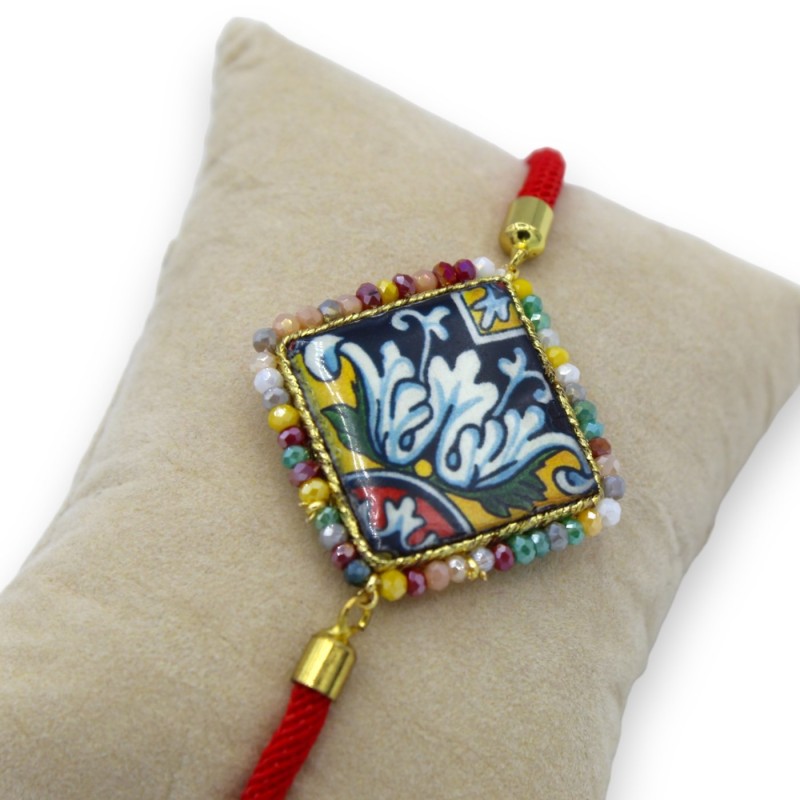 Bracelet with lava stone tile, textile cord, L approx. 25cm multicolored crystals, steel clasp - 