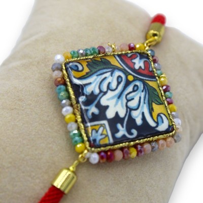 Bracelet with lava stone tile, textile cord, L approx. 25cm multicolored crystals, steel clasp - 