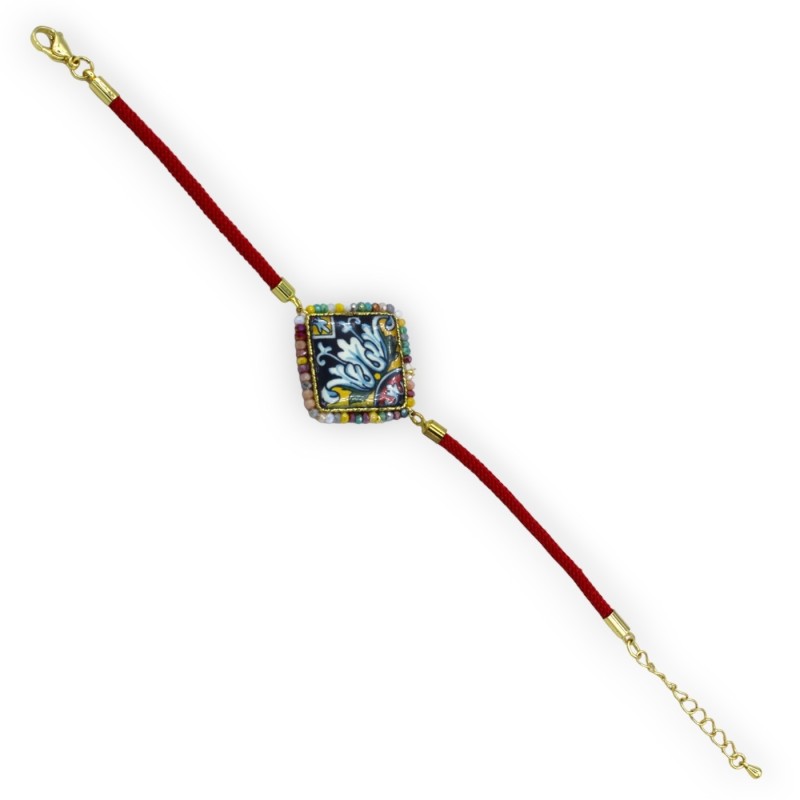 Bracelet with lava stone tile, textile cord, L approx. 25cm multicolored crystals, steel clasp - 