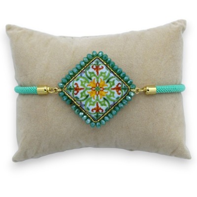 Armband met groene lavasteen tegel, textielkoord, L ca. 25cm groene kristallen, stalen sluiting - 