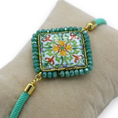 Pulseira com azulejo de pedra de lava verde, cordão têxtil, L aprox. 25cm cristais verdes, fecho de aço - 