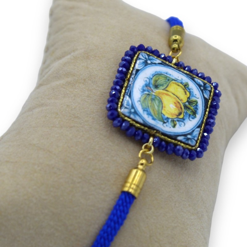 Bracelet with blue lava stone tile, textile cord, L approx. 22cm blue crystals, steel clasp - 