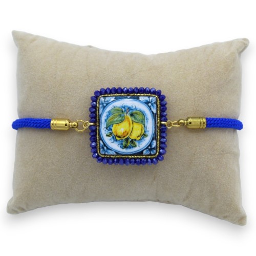 Pulsera con baldosa de piedra de lava azul, cordón textil, L 22 cm aprox. cristales azules, cierre de acero - 