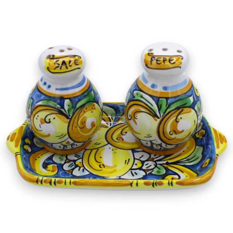 Set Sale e Pepe con vassoio, ceramica Caltagirone - Blu, decoro fiori e limoni - 