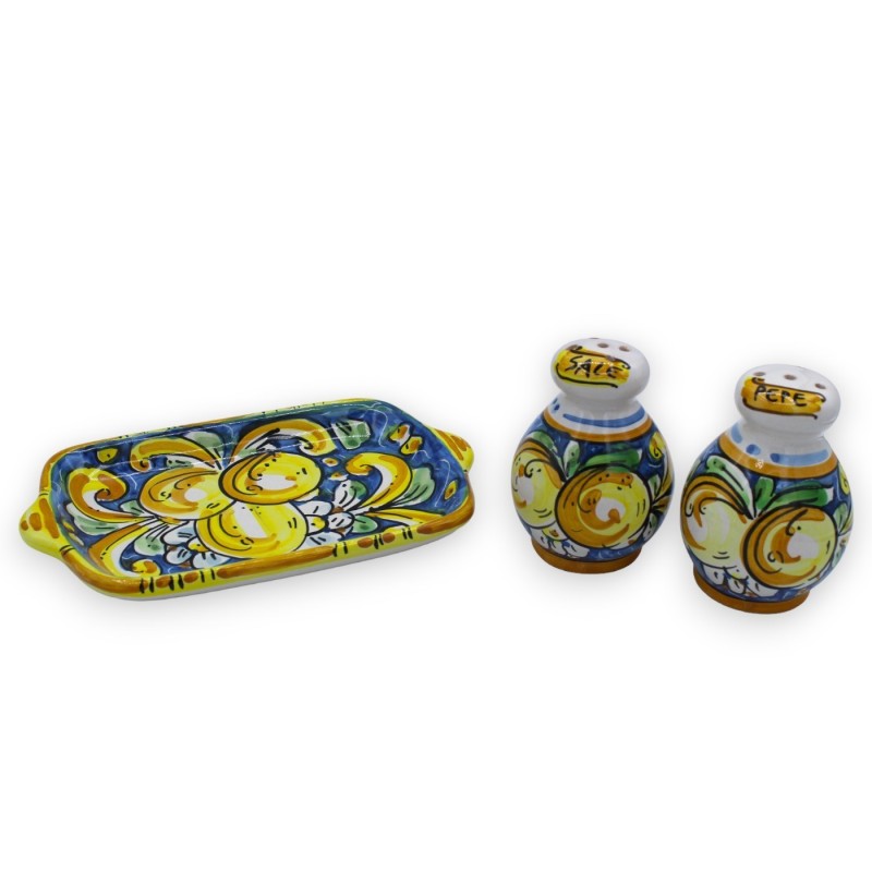 Salt and pepper set with tray, Caltagirone ceramic - Blue, flowers and lemons decoration - 